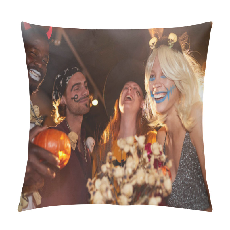 Personality  Low Angle View At Group Of Friends Enjoying Halloween Party In Nightclub, Focus On Smiling Young Woman Having Fun Pillow Covers