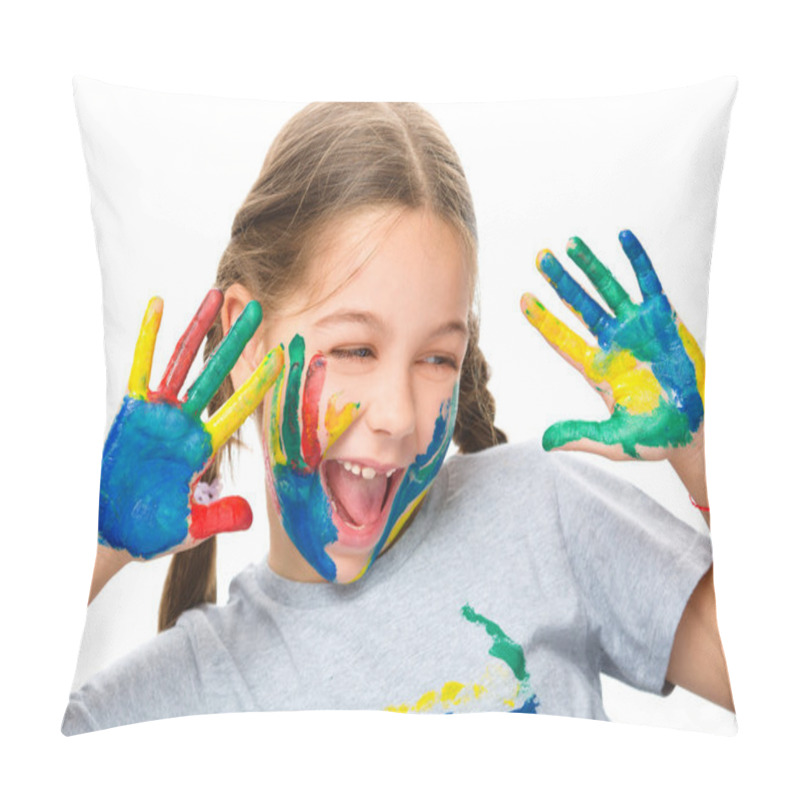 Personality  Portrait Of A Cute Girl Playing With Paints Pillow Covers