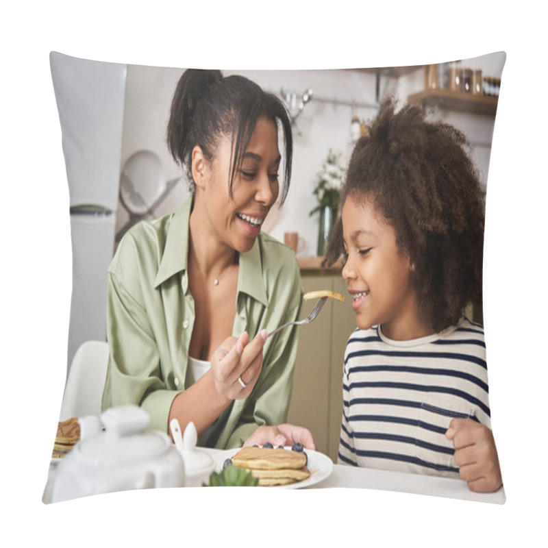 Personality  Warm Laughter Fills The Kitchen As A Mother Feeds Her Daughter Pancakes On A Special Morning. Pillow Covers