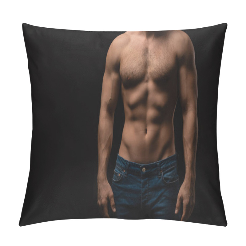 Personality  Cropped View Of Sexy Man In Jeans With Bare Muscular Torso Isolated On Black Pillow Covers