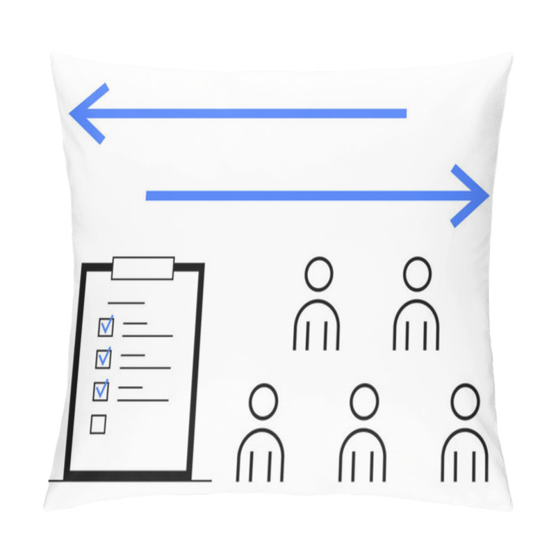 Personality  Checklist With Tasks And Checked Items, Ahead Of Six Human Icons, Blue Arrows In Opposite Directions. Ideal For Productivity, Teamwork, Communication, Brainstorming, Organization, Task Delegation Pillow Covers