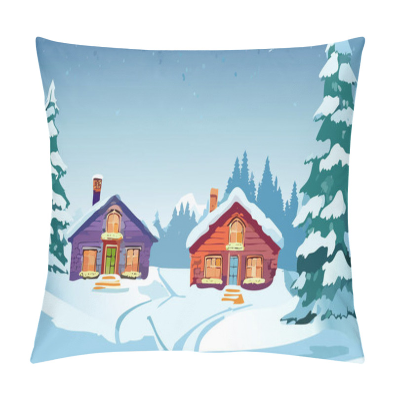 Personality  Winter Landscape With Snow Covered Fir Trees And Wooden Houses. Vector Illustration. Pillow Covers