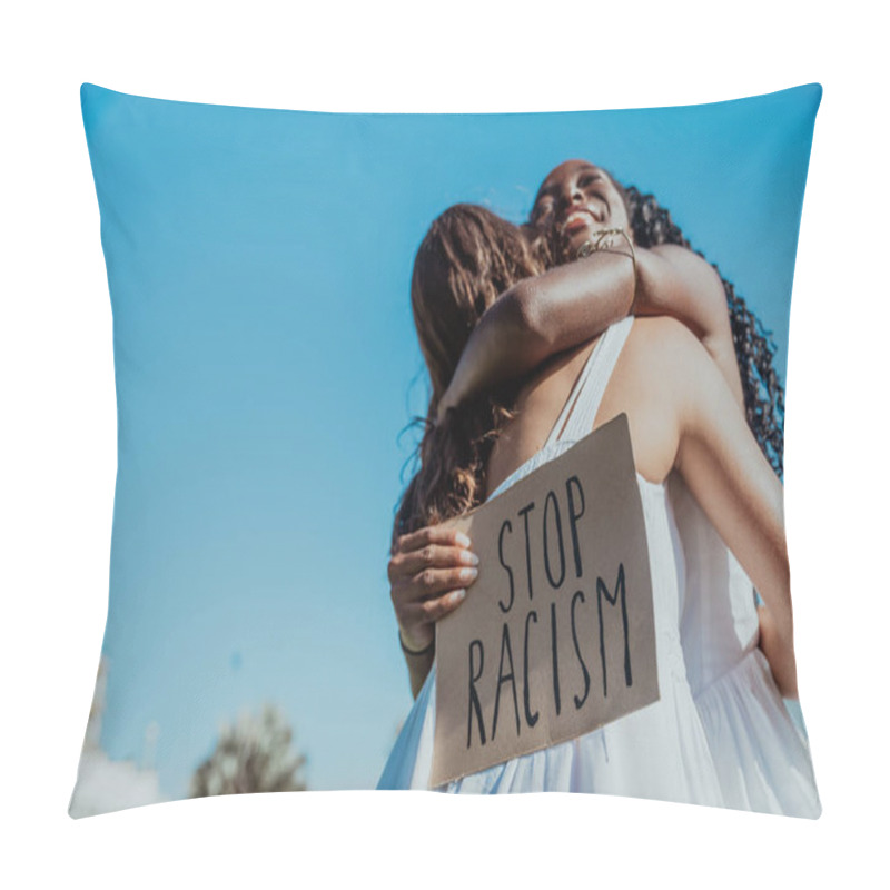 Personality  Two Happy Women Hug Each Other During A Protest Against Racism. Pillow Covers