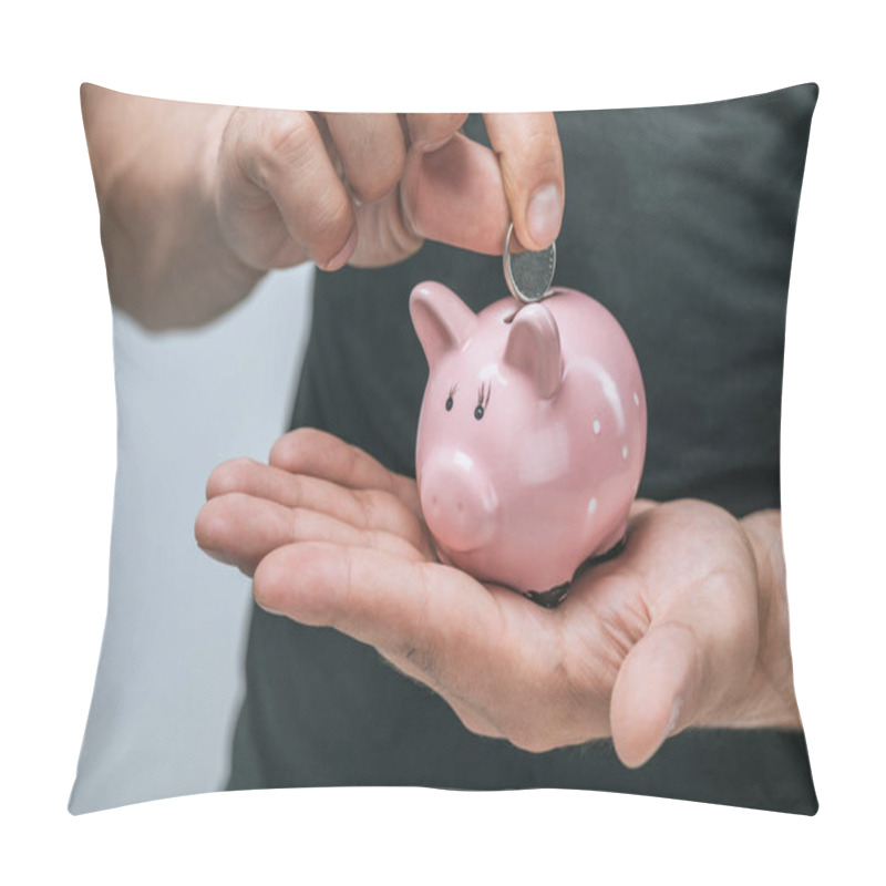 Personality  Cropped Image Of Man Putting Coin In Pink Piggybank Isolated On Grey Pillow Covers