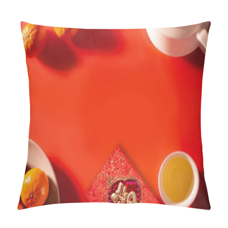 Personality  Translation Text On Red Envelope In Image: Prosperity And Spring.Chinese New Year And Lunar New Year Celebrations Red Envelope Orange And Hot Tea. Pillow Covers