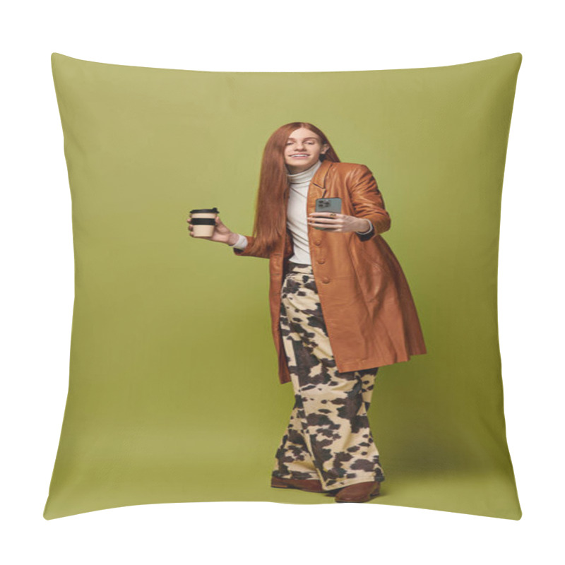 Personality  A Young Man With Long Red Hair Expresses Joy While Holding A Drink And A Phone. Pillow Covers