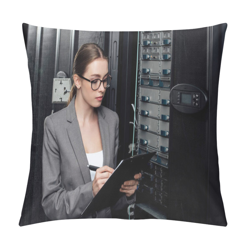 Personality  Businesswoman In Glasses Holding Clipboard While Writing In Data Center  Pillow Covers