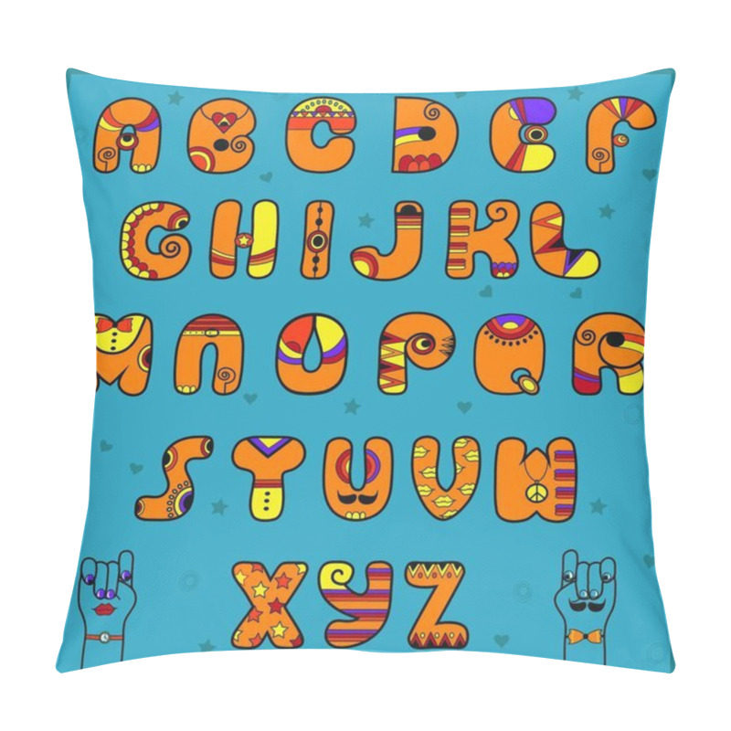 Personality  Unusual Font. Alphabet With Indian Style. Funny Orange Letters. Cartoon Hands Looking At Each Other. Vector Illustration. EPS 8 Pillow Covers