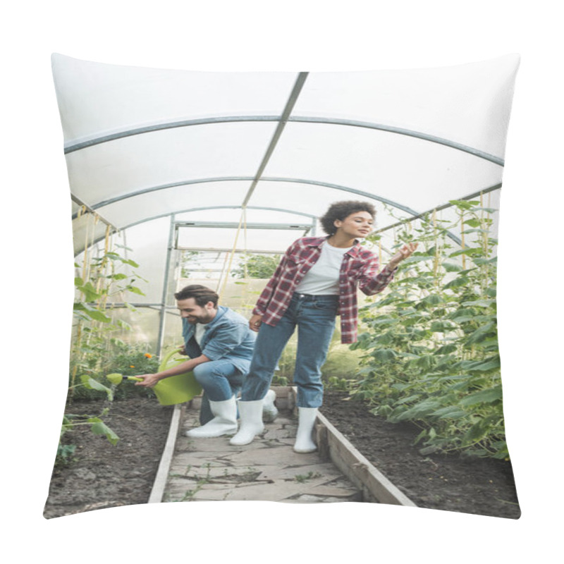 Personality  African American Farmer Inspecting Plants Near Colleague With Watering Can In Greenhouse Pillow Covers