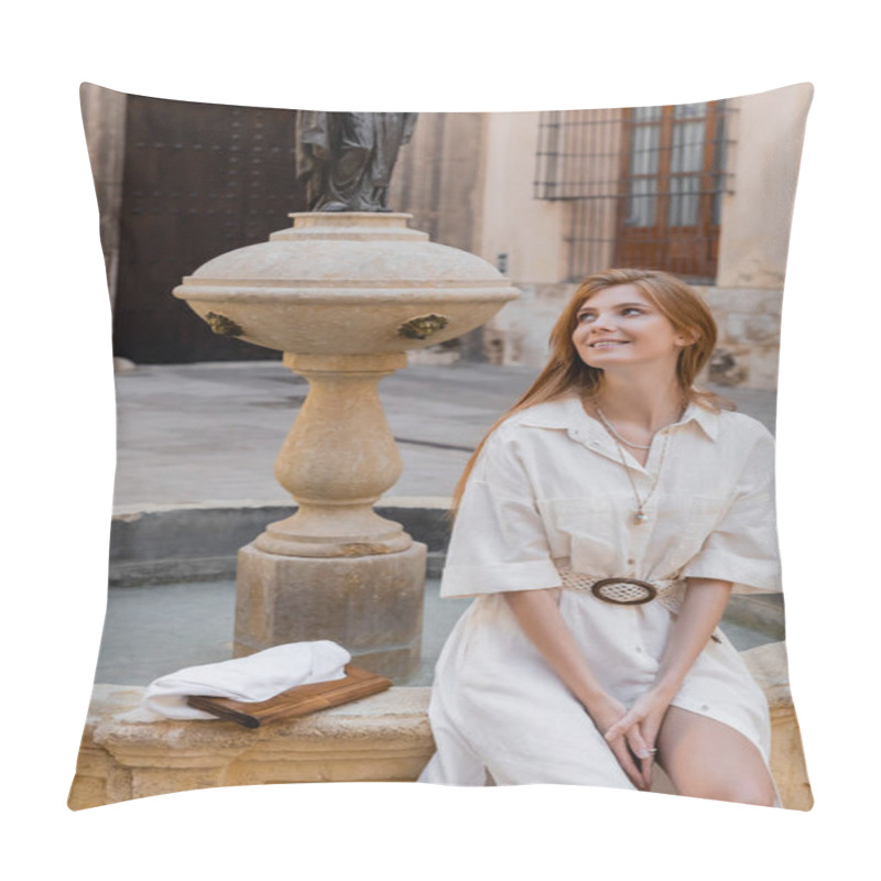 Personality  Pleased Woman In White Dress Sitting Near Fountain In Valencia Pillow Covers