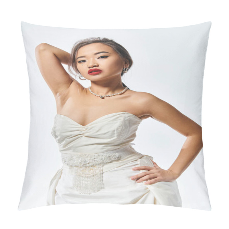 Personality  Graceful Asian Woman In Bridal Outfit With Red Lips Putting Hand Behind Head On White Background Pillow Covers