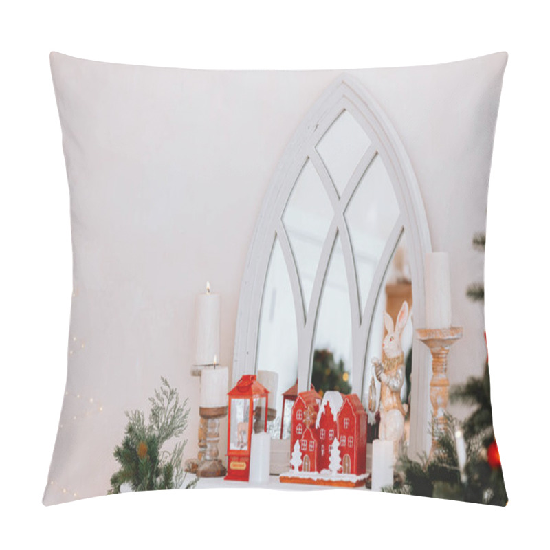 Personality  A Beautifully Arranged Holiday Display Shows A Large Mirror Above A Mantel Decorated With Candles, Greenery, And Cheerful Red And White Ornaments. Pillow Covers