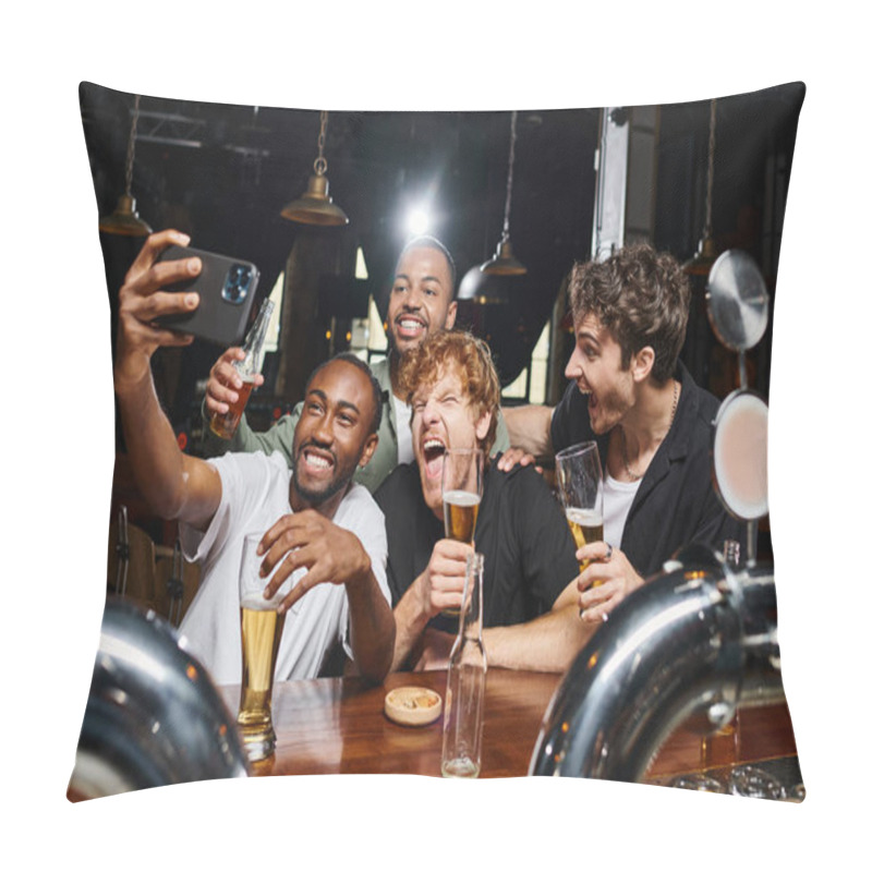 Personality  Happy Multicultural Men Taking Selfie On Smartphone While Drinking Beer In Bar, Bachelor Party Pillow Covers