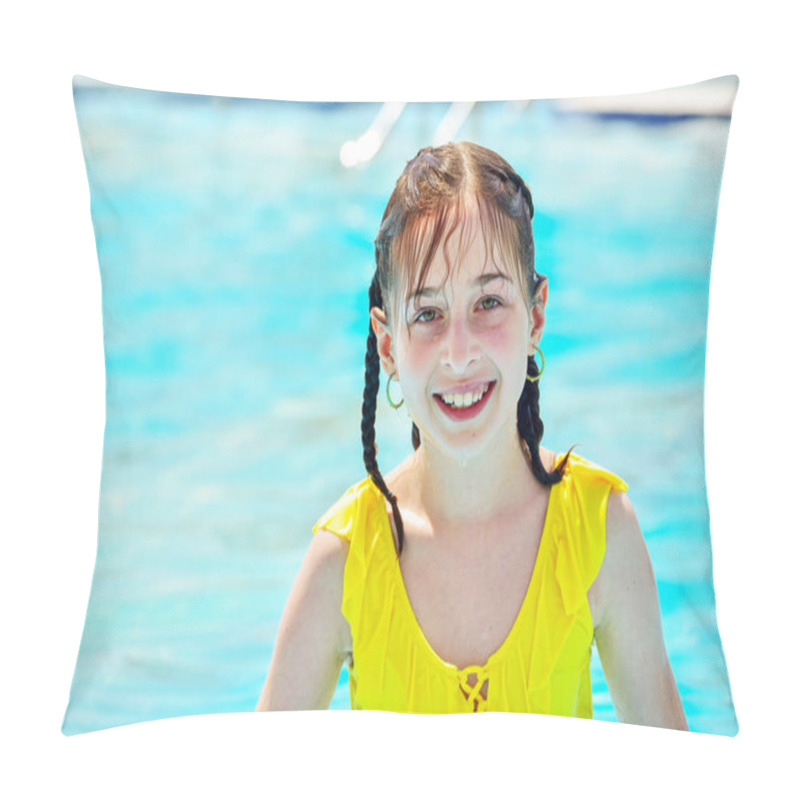 Personality  Girl Looking Away While Swimming In Pool. Excited Girl Looking Away While Swimming In Pool. Joyful Childhood. Relaxation Concept. Teenager. Girl Laughing In A Yellow Bathing Suit In The Summer Pool. Pillow Covers