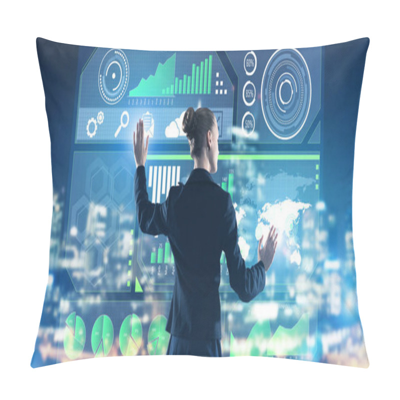 Personality  Back View Of Businesswoman Working With Virtual Panel And Night City At Background Pillow Covers