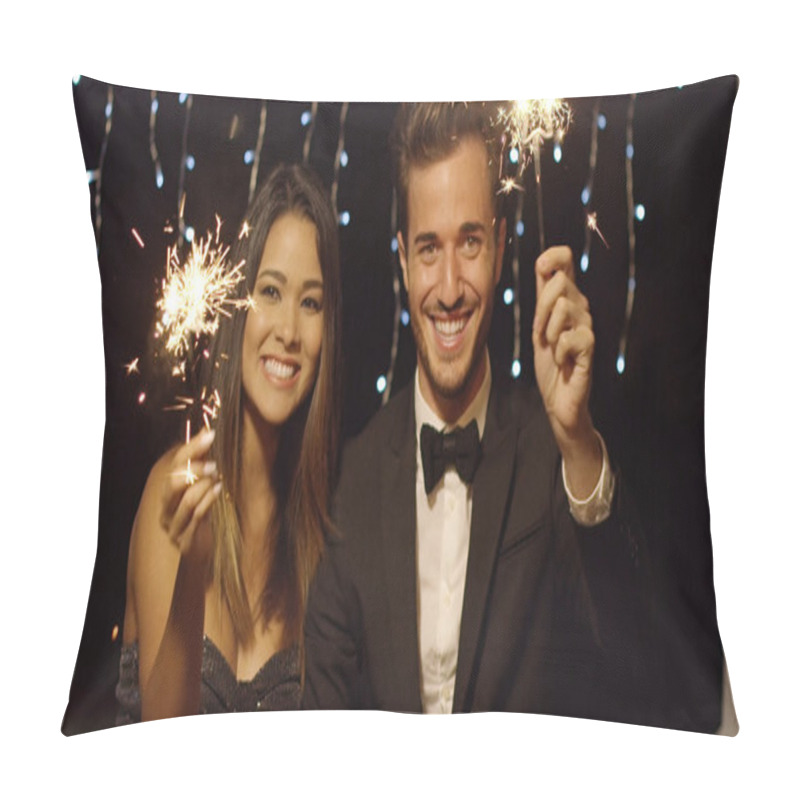 Personality  Young Couple Celebrating New Year With Sparklers Pillow Covers