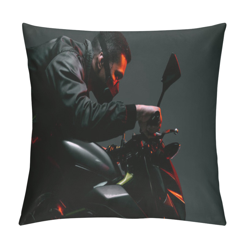 Personality  Profile Of Mixed Race Cyberpunk Player In Mask Riding Motorcycle On Grey  Pillow Covers