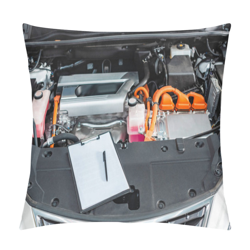 Personality  Clipboard With Blank White Paper And Pen Near Car Engine Compartment Pillow Covers