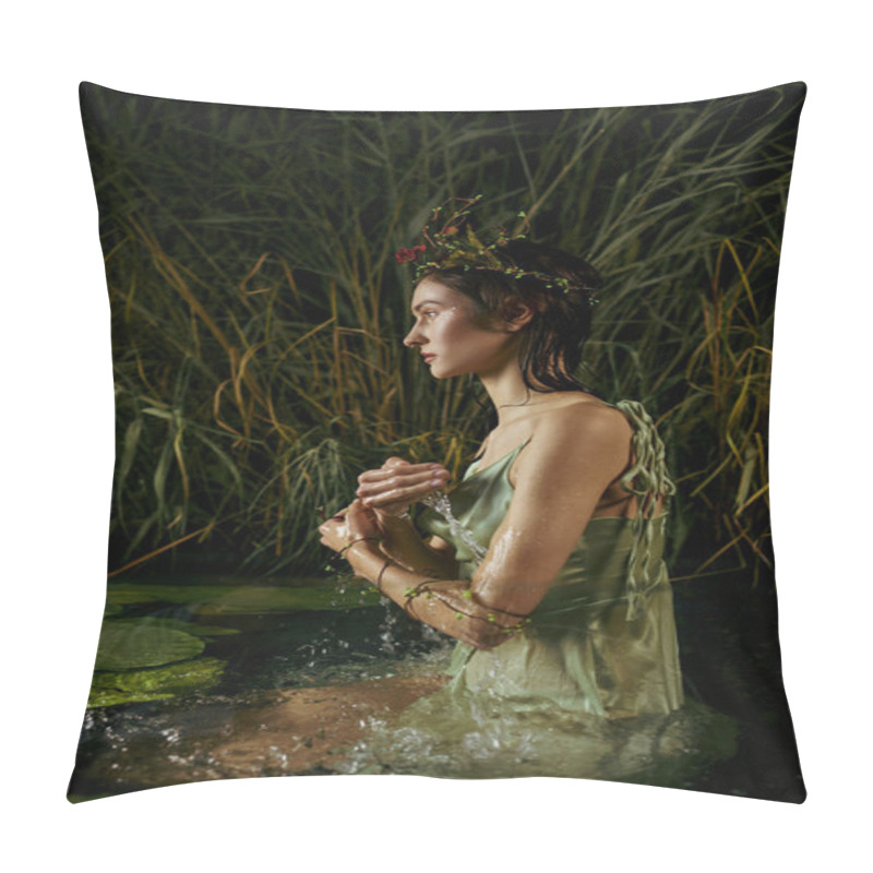 Personality  A Woman Wearing A Crown Of Greenery Bathes In A Swamp, Surrounded By Tall Grasses. Pillow Covers