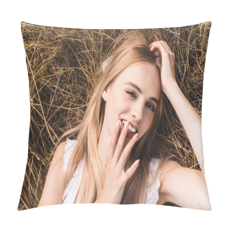 Personality  Top View Of Sensual Blonde Woman Lying On Grass, Touching Hair And Lips While Looking At Camera Pillow Covers