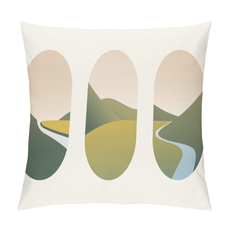 Personality  Vector Illustration. A River Meandering Through Green Meadows And Hills, Under A Sky With Warm Sunset Tones. The Landscape Is Done In Soft Pastel Colors. Pillow Covers