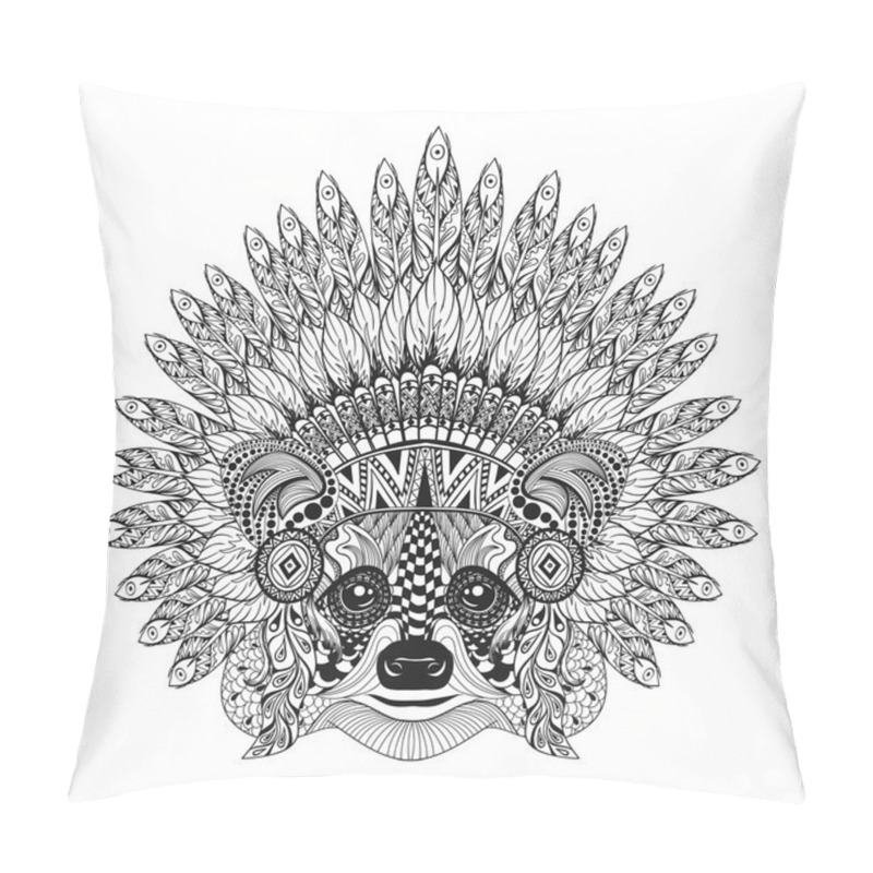 Personality  Hand Drawn Raccoon In Feathered War Bonnet In Zentangle Style, H Pillow Covers