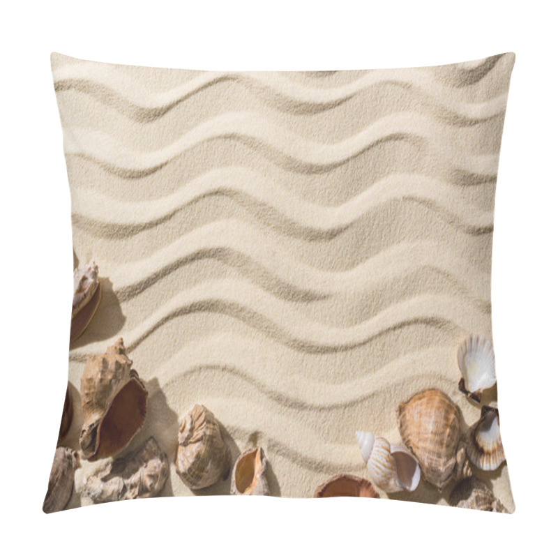 Personality  Top View Of Sandy Background With Smooth Waves, Seashells And Copy Space Pillow Covers