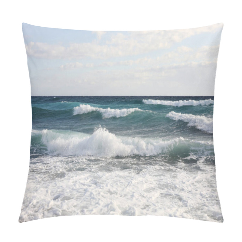 Personality  Sea Waves On The Surface Of Sea Water During Strong Winds And Bad Weather, Sunny Day, Sky With Clouds Pillow Covers