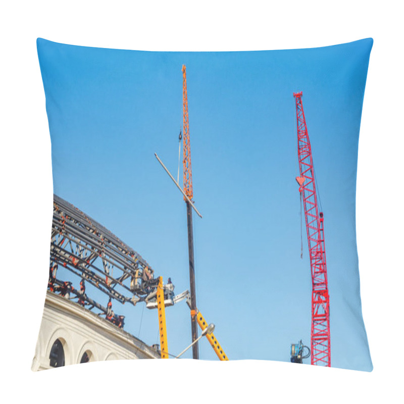 Personality  Crane And Building Construction Site Against Blue Sky. Structure Of Steel Roof Frame Installation By Mobile Crane Under The Building In Construction With Blue Sky Pillow Covers