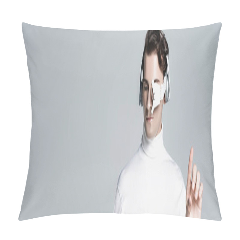 Personality  Cyborg Man In Headphones Pointing With Finger Up Isolated On Grey, Banner Pillow Covers