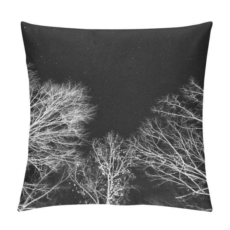 Personality  A Serene Black And White Image Capturing A Starry Night Sky Framed By Bare Winter Tree Branches, Evoking Feelings Of Calm And Wonder. Pillow Covers