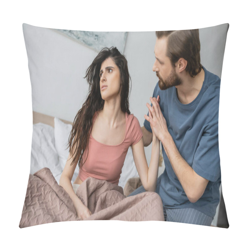 Personality  Brunette Man Touching Hand Of Upset And Asexual Girlfriend On Bed At Home  Pillow Covers