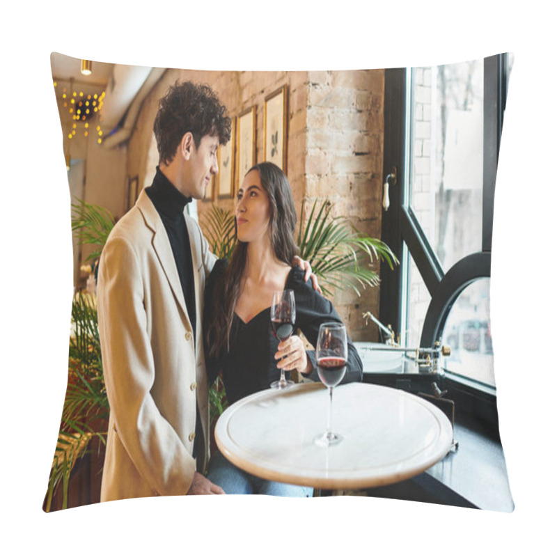 Personality  A Beautiful Young Couple Shares An Intimate Moment Over Drinks While Celebrating Their Love. Pillow Covers