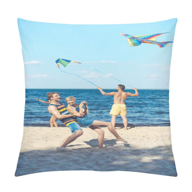 Personality  Selective Focus Of Interracial Group Of Friends With Kites Having Fun On Sandy Beach Pillow Covers