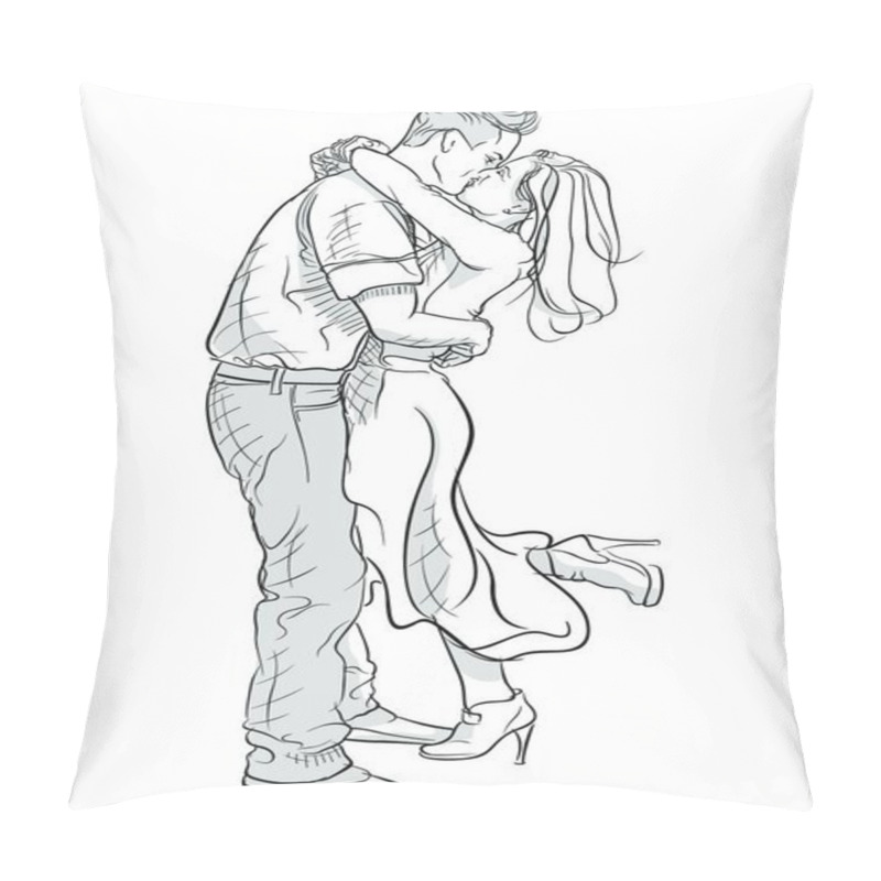 Personality  Romantic Kissing And Hugging Couple - Black And White Hand Drawn Illustration, Vector Graphic Pillow Covers