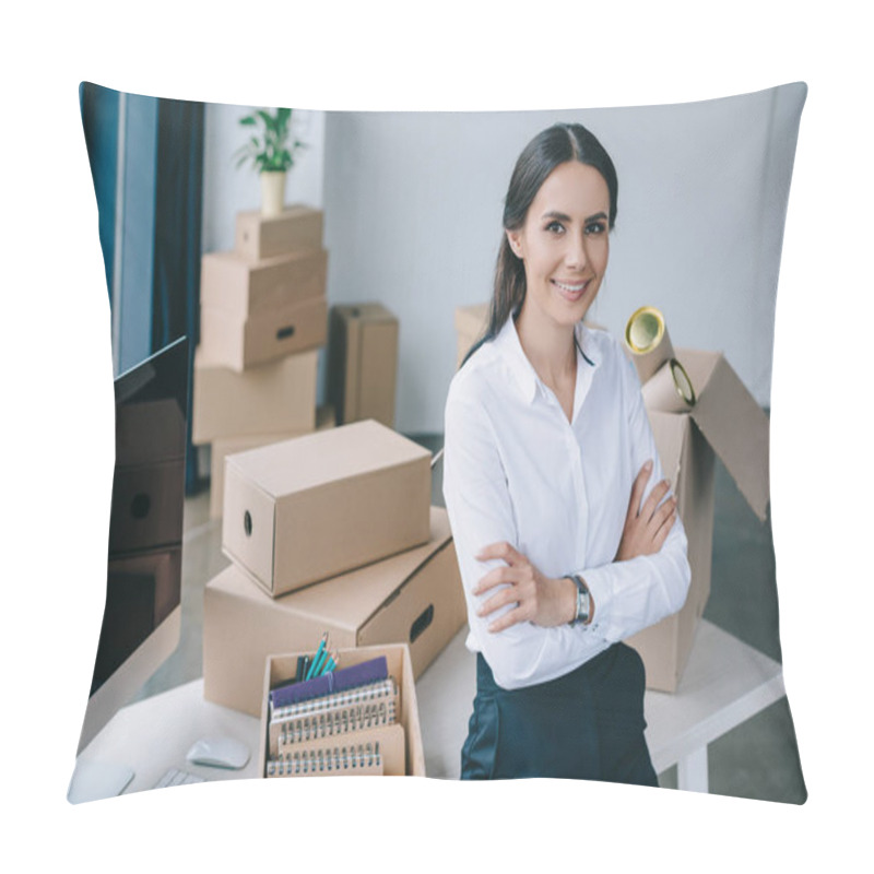 Personality  Young Businesswoman With Crossed Arms Smiling At Camera While Sitting On Table In New Office Pillow Covers