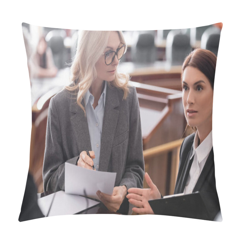 Personality  Prosecutor Pointing With Hand While Talking To Blurred Judge Near Attorney In Courtroom Pillow Covers