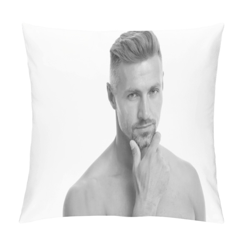 Personality  Man Attractive Well Groomed Facial Hair. Barber Shop Concept. Man Mature Good Looking Model. Muscular Chest Smooth Skin. Sexy Torso. My Morning Shower Routines. Keep Body Healthy. Male Natural Beauty Pillow Covers