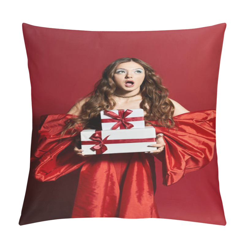 Personality  A Young Woman In A Striking Red Outfit Expresses Surprise While Holding Beautifully Wrapped Gifts. Pillow Covers