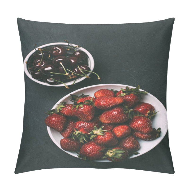 Personality  Top View Of Delicious Strawberries And Ripe Sweet Cherries In Bowls On Black Pillow Covers