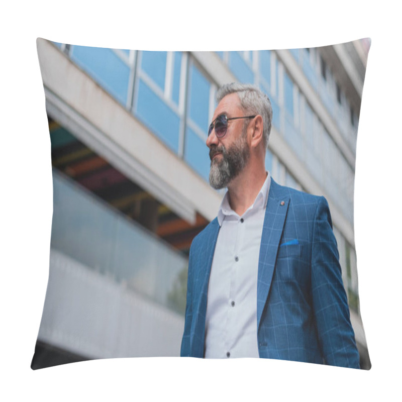 Personality  A Handsome Stylish Business Mature Man Wearing Sunglasses Suit And A White Shirt While Walking In The City Street Near The Urban Building. H Pillow Covers