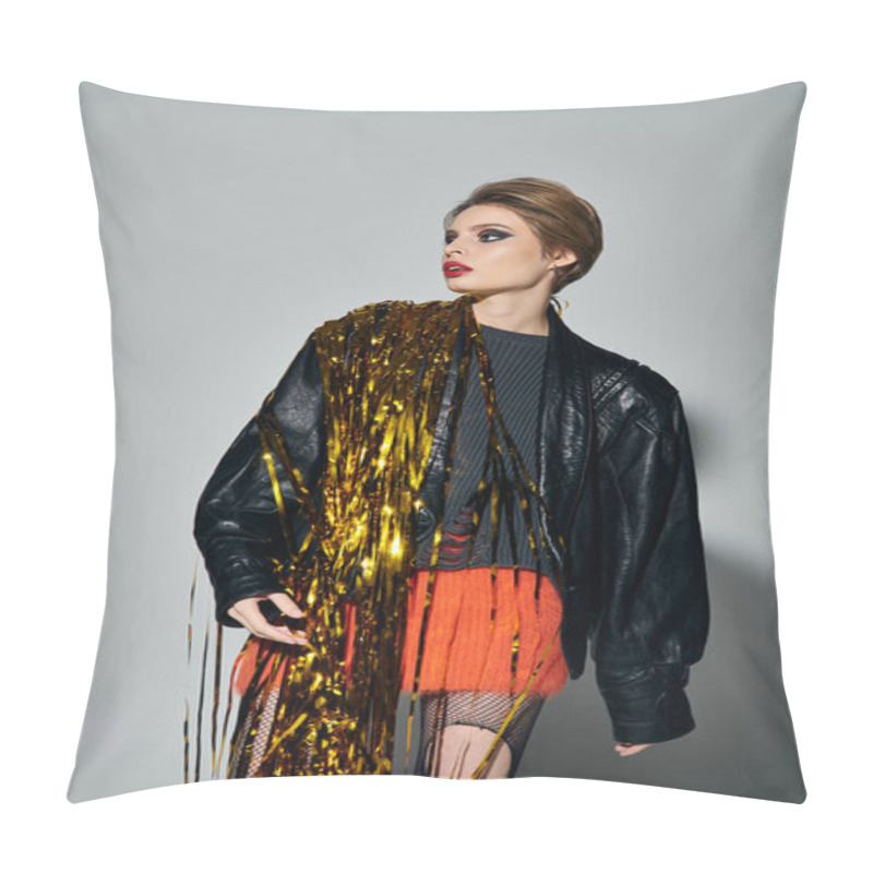 Personality  A Woman In A Leather Jacket And Fishnet Stockings Poses With Golden Confetti. Pillow Covers