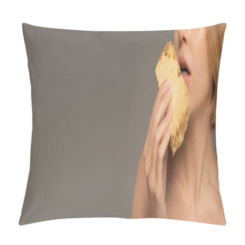 Personality  Cropped View Of Young Woman Holding Piece Of Sweet Honeycomb Near Mouth Isolated On Grey, Banner  Pillow Covers