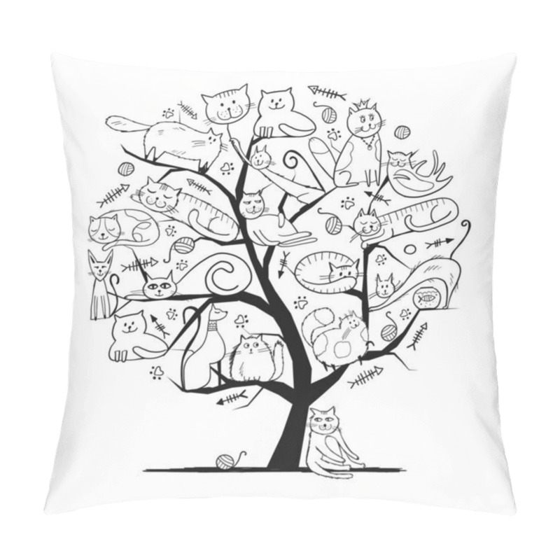 Personality  World Cats Day. Art Tree With Funny Cats For Your Design Pillow Covers