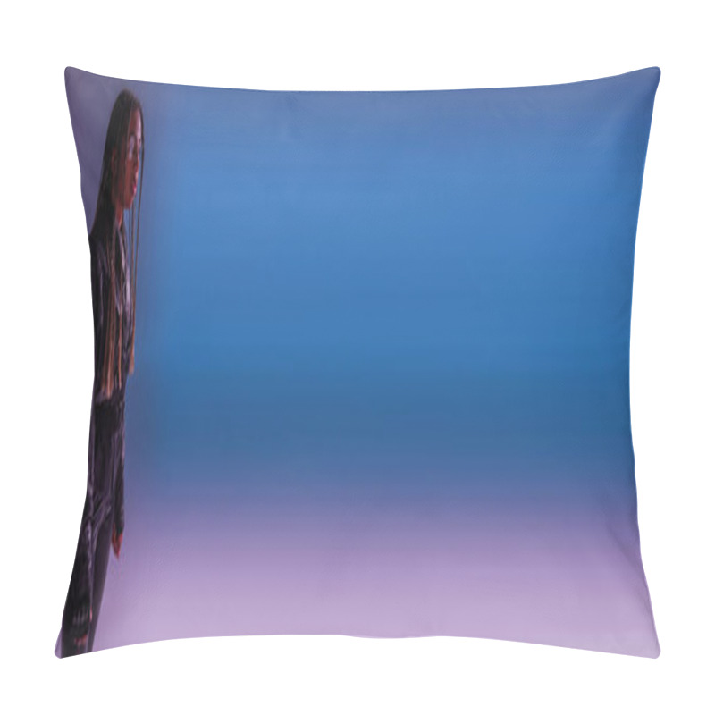 Personality  Trendy African American Woman In Smart Glasses On Blue And Purple Background, Banner  Pillow Covers