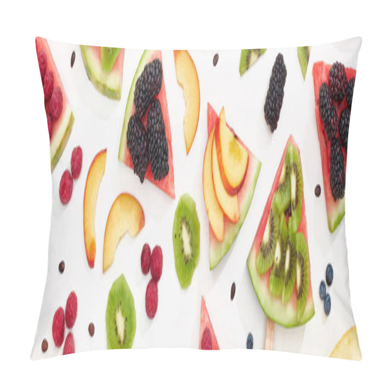 Personality  Panoramic Shot Of Watermelon On Sticks With Seasonal Berries And Fruits On White Background Pillow Covers