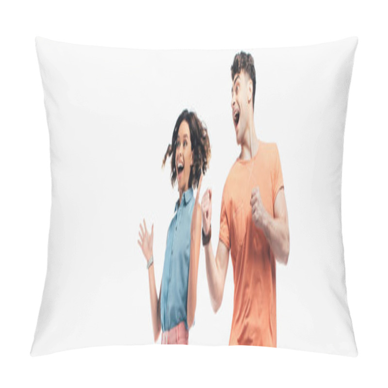 Personality  Panoramic Shot Of Happy Man And Woman Looking Away And Showing Triumph Gestures Isolated On White Pillow Covers