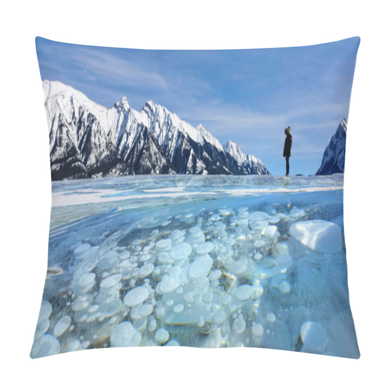 Personality  CLOSE UP: Female Tourist Observes The Frozen Lake Filled With Methane Bubbles. Pillow Covers