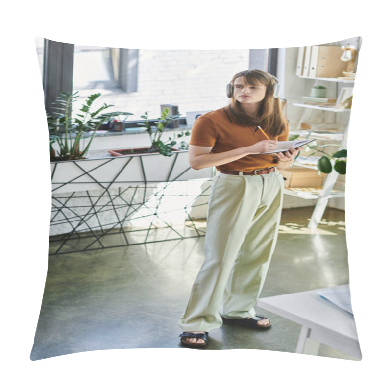 Personality  Engaged In A Task, The Young Non Binary Individual Stands In A Vibrant Office Filled With Greenery. Pillow Covers