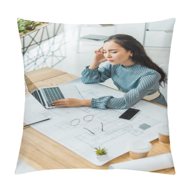 Personality  Stressed Asian Female Architect Having Headache While Using Laptop In Office Pillow Covers